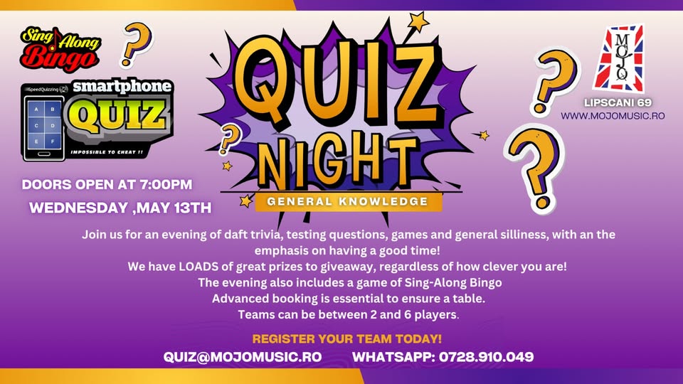 General Knowledge Speed Quiz with Sing Along Bingo – 13th May 2026