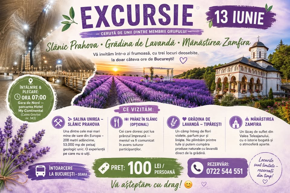 🌿 EXCURSIE SLĂNIC PRAHOVA ȘI LANUL DE LAVANDĂ — 13 IUNIE 🌿