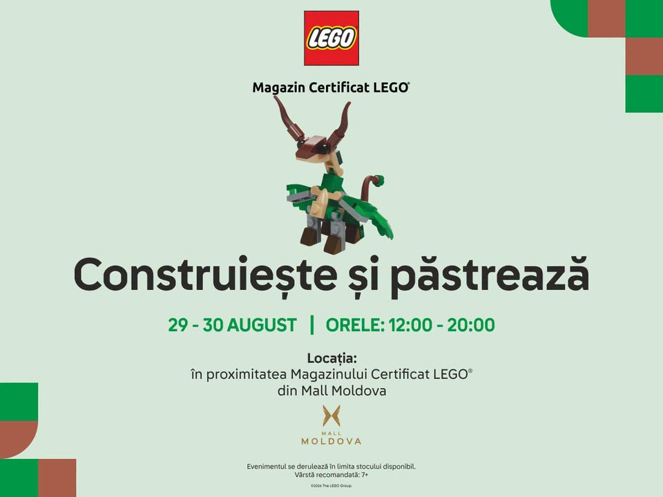 Construiește și păstrează un mini dragon LEGO® la Mall Moldova – 29 – 30 august 2026