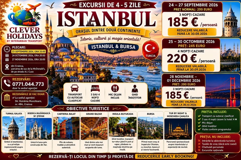 ISTANBUL – ORAȘUL DINTRE DOUĂ CONTINENTE 5 zile  220euro/pers