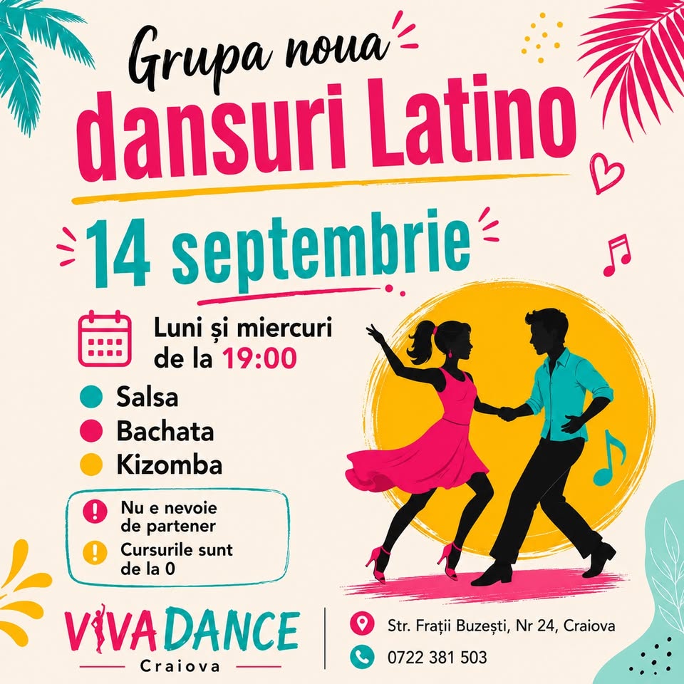 Grupa nouă dansuri latino | De la 0 🗓️ 14 Septembrie ⏰19:00-20:00 | VivaDance Craiova