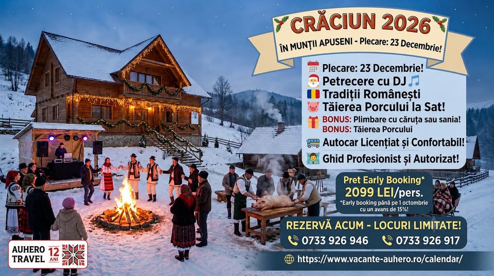 Crăciun 2026 în Munții Apuseni – Petrecere cu DJ, Tradiții Românești și Tăierea Porcului la Sat!